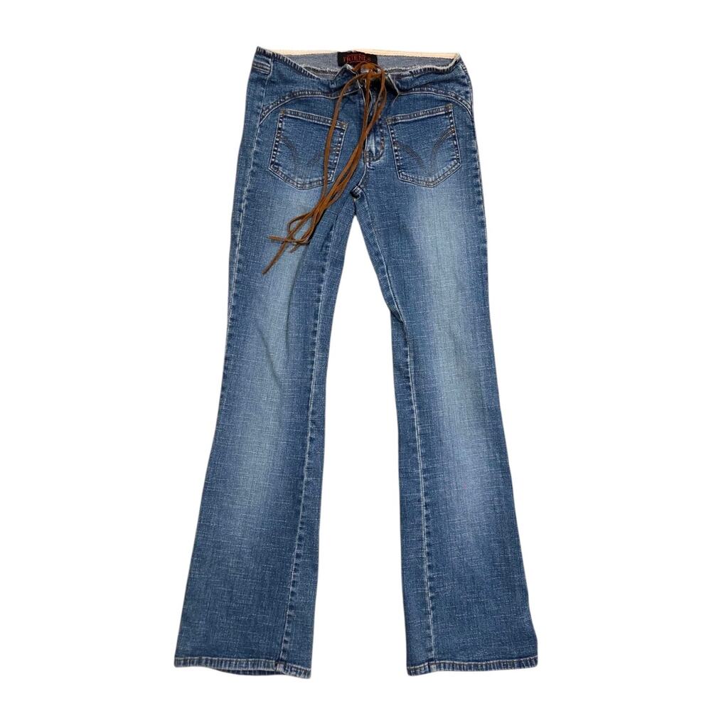 Y2K Original Friends Dungarees Blue Jeans Low Rise Flared Leather Ties Juniors 1